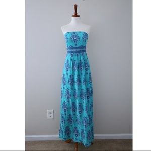 Vineyard Vines Strapless Medallion Print Turquoise Blue Silk Maxi Dress